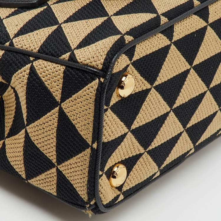 Pre Owned Prada Beige/Black Jacquard Triangolo and Saffiano Leather Mini Galleria Double Zip Tote