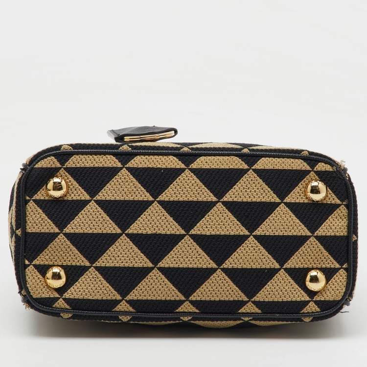 Pre Owned Prada Beige/Black Jacquard Triangolo and Saffiano Leather Mini Galleria Double Zip Tote