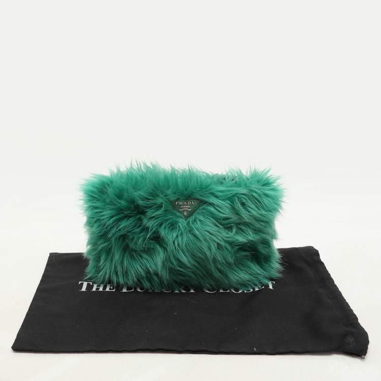 Pre Owned Prada Green Faux Fur Wristlet Clutch