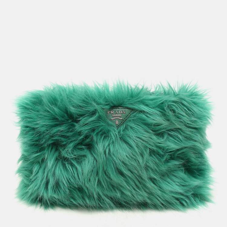 Pre Owned Prada Green Faux Fur Wristlet Clutch