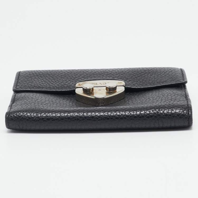 Pre Owned Prada Black Leather Compact Wallet