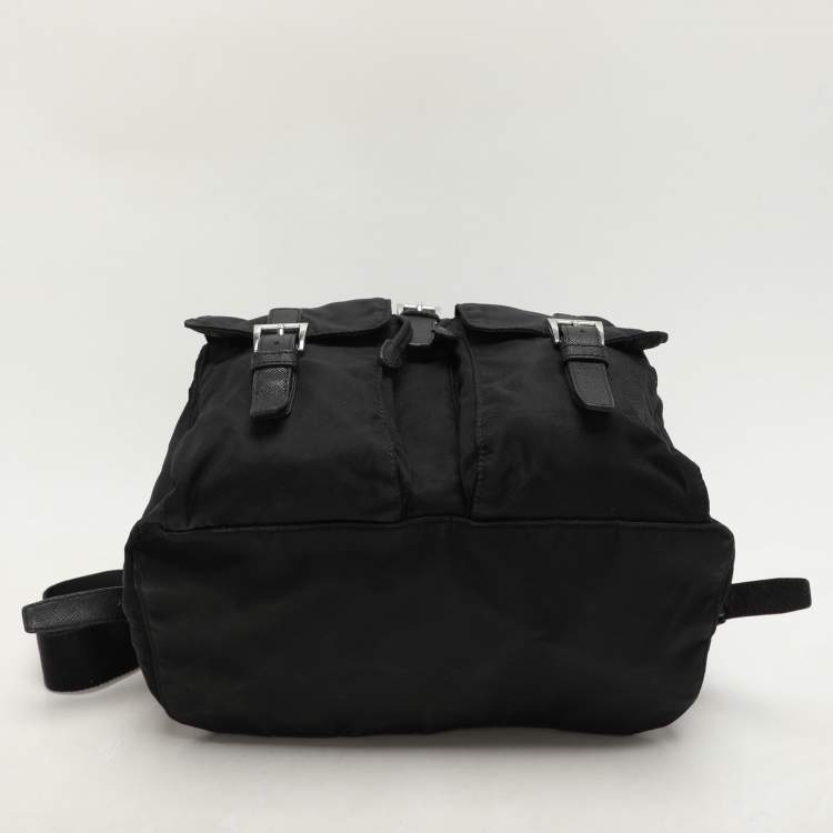 Pre Owned Prada Black Leather and Nylon Double Pocket Backpack