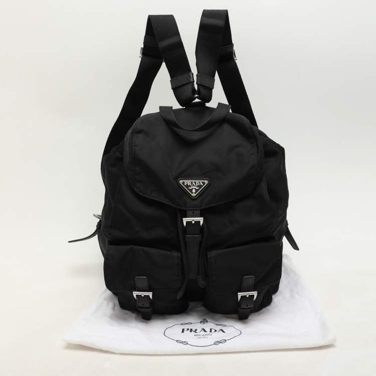 Pre Owned Prada Black Leather and Nylon Double Pocket Backpack