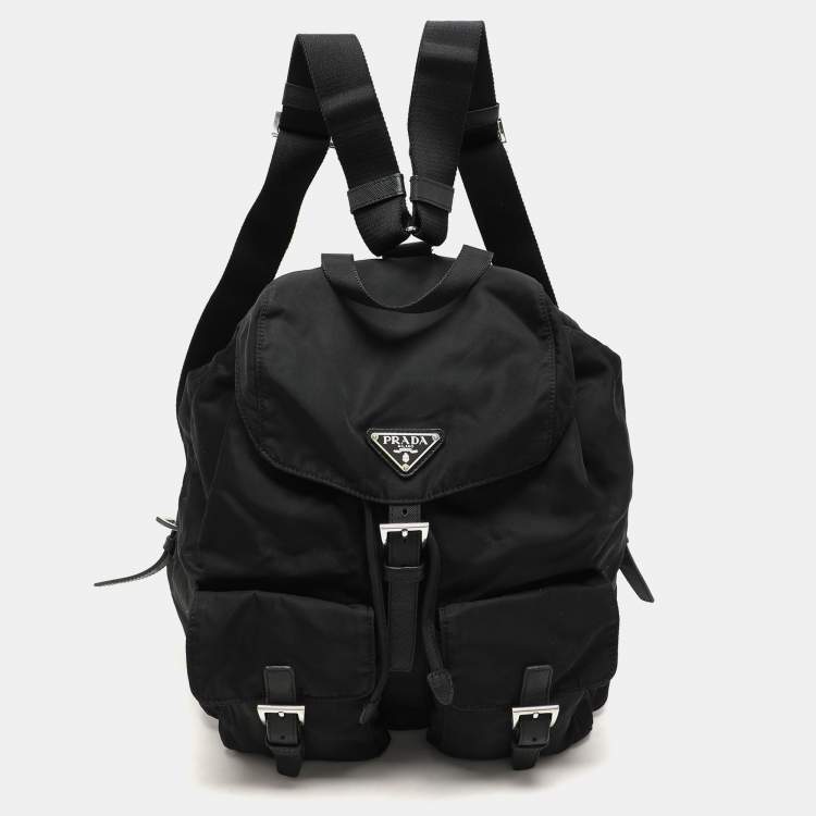 Pre Owned Prada Black Leather and Nylon Double Pocket Backpack