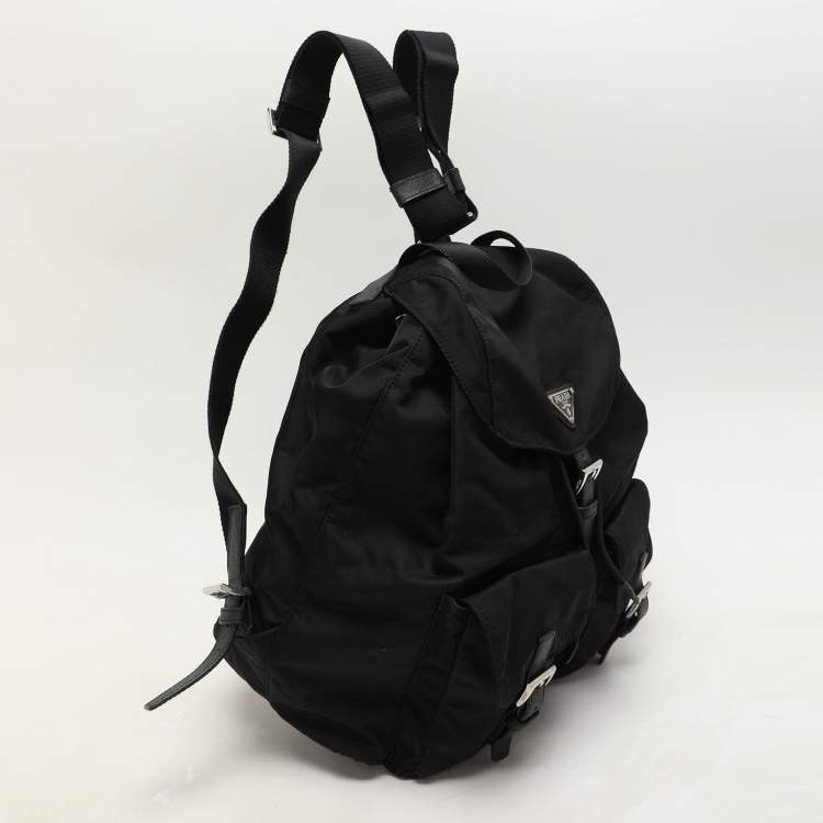 Pre Owned Prada Black Leather and Nylon Double Pocket Backpack