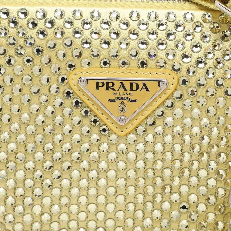 Pre Owned Prada Yellow Crystal Embellished Satin Triangle Logo Crossbody Bag