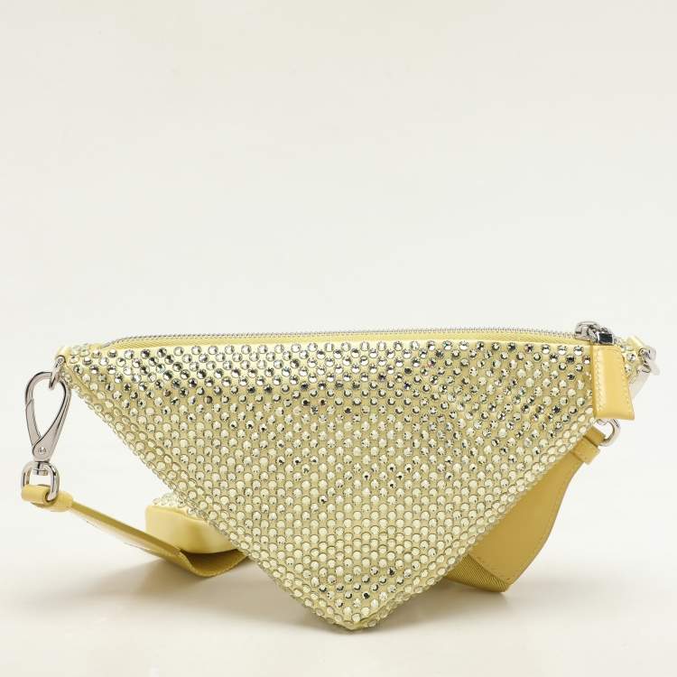 Pre Owned Prada Yellow Crystal Embellished Satin Triangle Logo Crossbody Bag