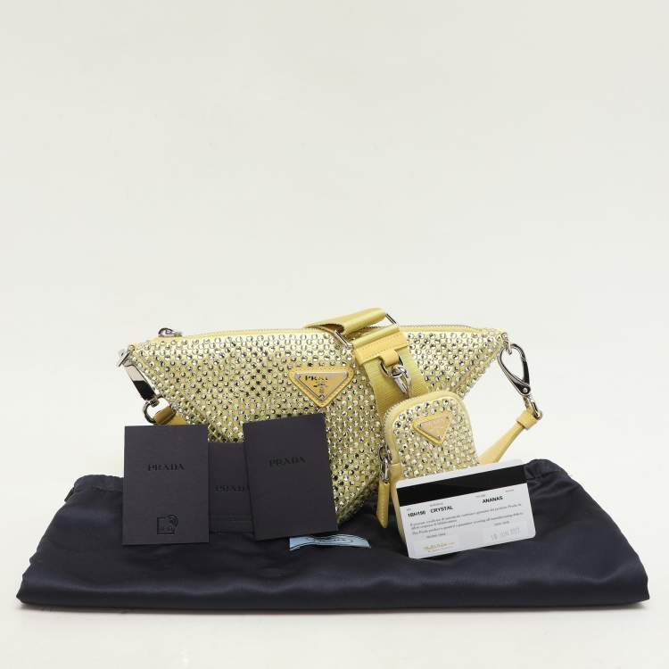 Pre Owned Prada Yellow Crystal Embellished Satin Triangle Logo Crossbody Bag