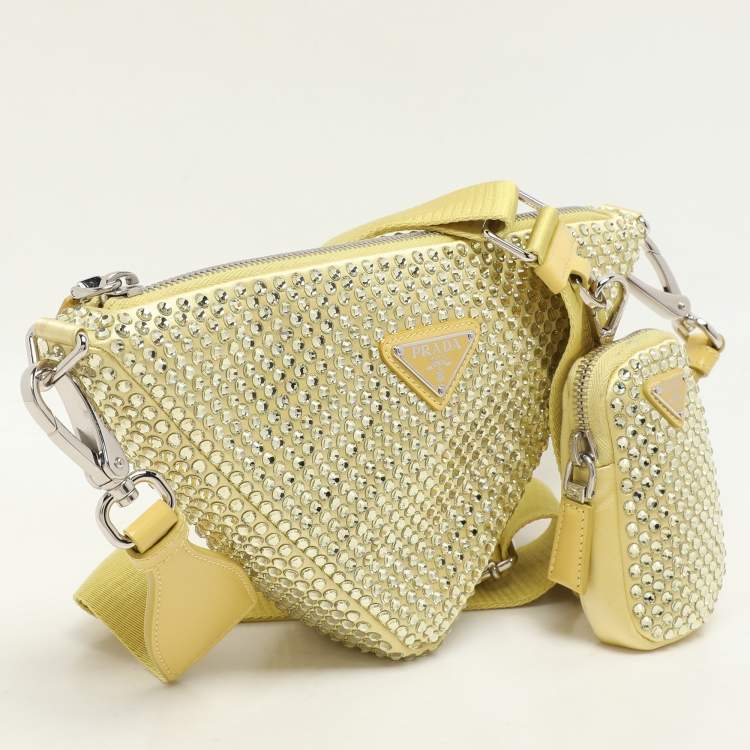 Pre Owned Prada Yellow Crystal Embellished Satin Triangle Logo Crossbody Bag