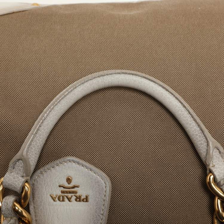Pre Owned Prada Beige/Grey Jacquard Logo and Leather Fringe Corda Talco Bowling Bag