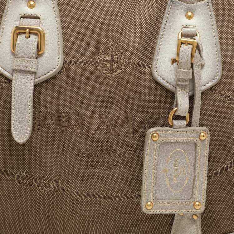 Pre Owned Prada Beige/Grey Jacquard Logo and Leather Fringe Corda Talco Bowling Bag