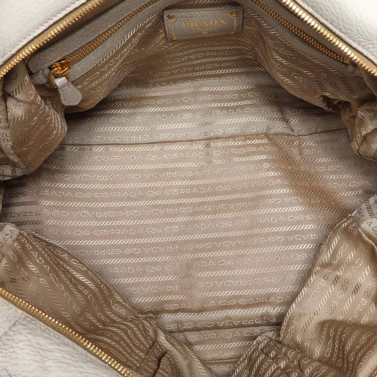 Pre Owned Prada Beige/Grey Jacquard Logo and Leather Fringe Corda Talco Bowling Bag