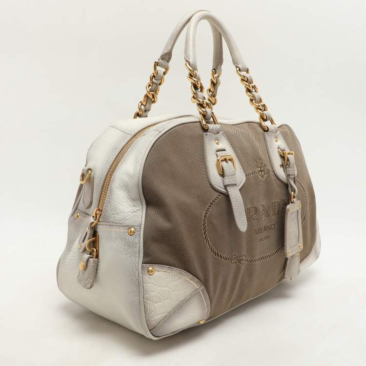 Pre Owned Prada Beige/Grey Jacquard Logo and Leather Fringe Corda Talco Bowling Bag