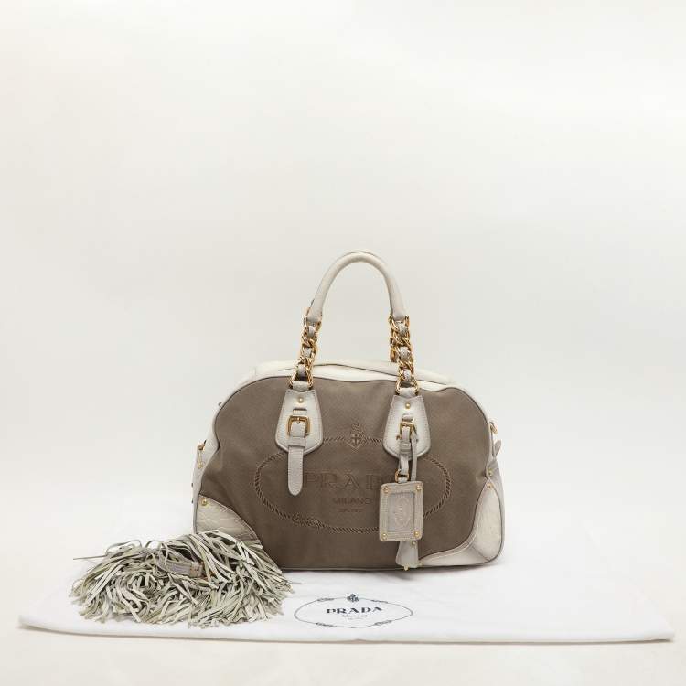 Pre Owned Prada Beige/Grey Jacquard Logo and Leather Fringe Corda Talco Bowling Bag