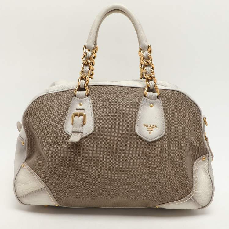 Pre Owned Prada Beige/Grey Jacquard Logo and Leather Fringe Corda Talco Bowling Bag