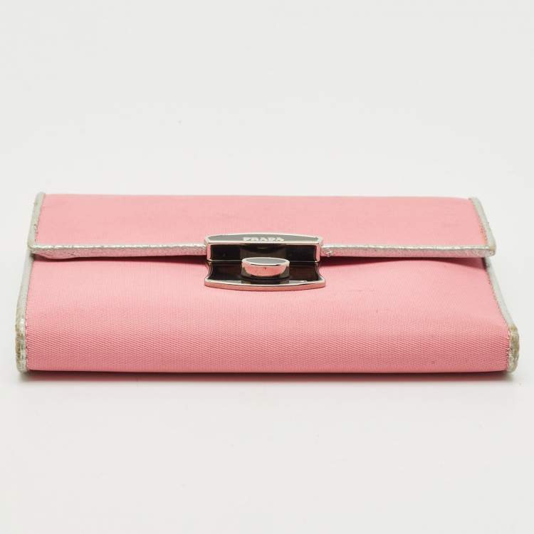 Pre Owned Prada Pink/Silver Nylon and Leather Trifold Wallet
