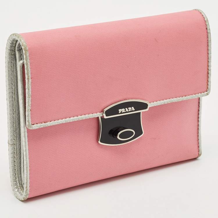 Pre Owned Prada Pink/Silver Nylon and Leather Trifold Wallet