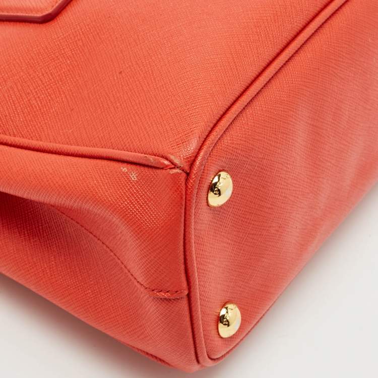 Pre Owned Prada Orange Saffiano Lux Leather Small Galleria Double Zip Tote
