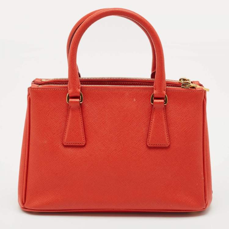Pre Owned Prada Orange Saffiano Lux Leather Small Galleria Double Zip Tote