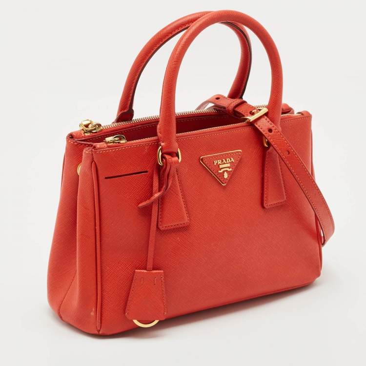 Pre Owned Prada Orange Saffiano Lux Leather Small Galleria Double Zip Tote