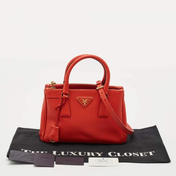 Pre Owned Prada Orange Saffiano Lux Leather Small Galleria Double Zip Tote