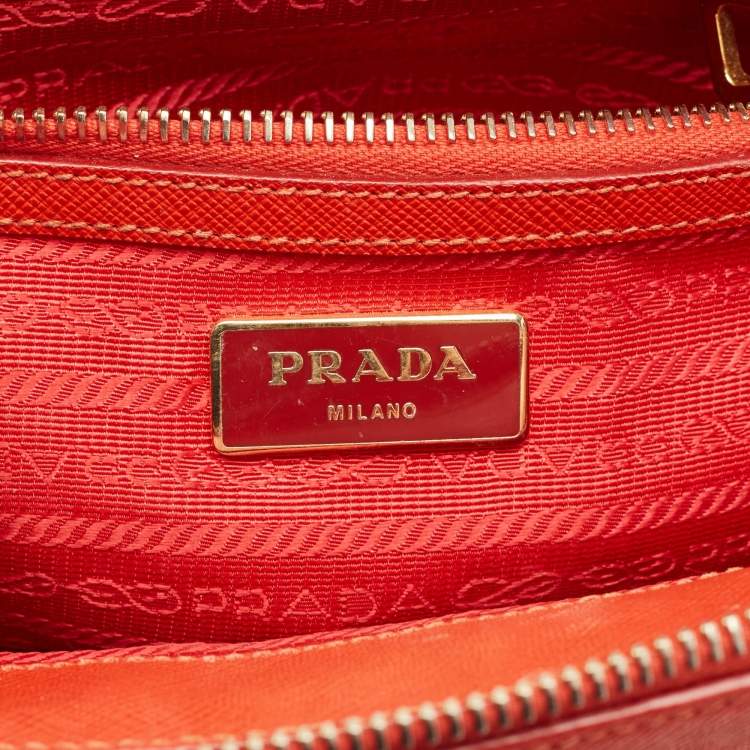 Pre Owned Prada Orange Saffiano Lux Leather Small Galleria Double Zip Tote