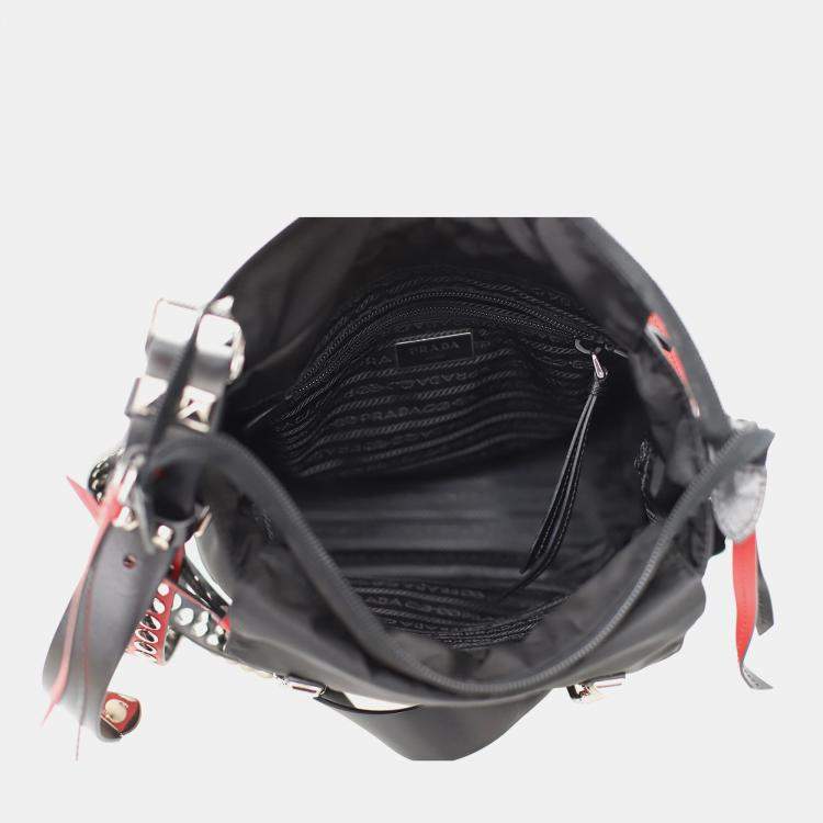 Pre Owned Prada Black & Red Leather and Nylon New Vela Studded Messenger Bag
