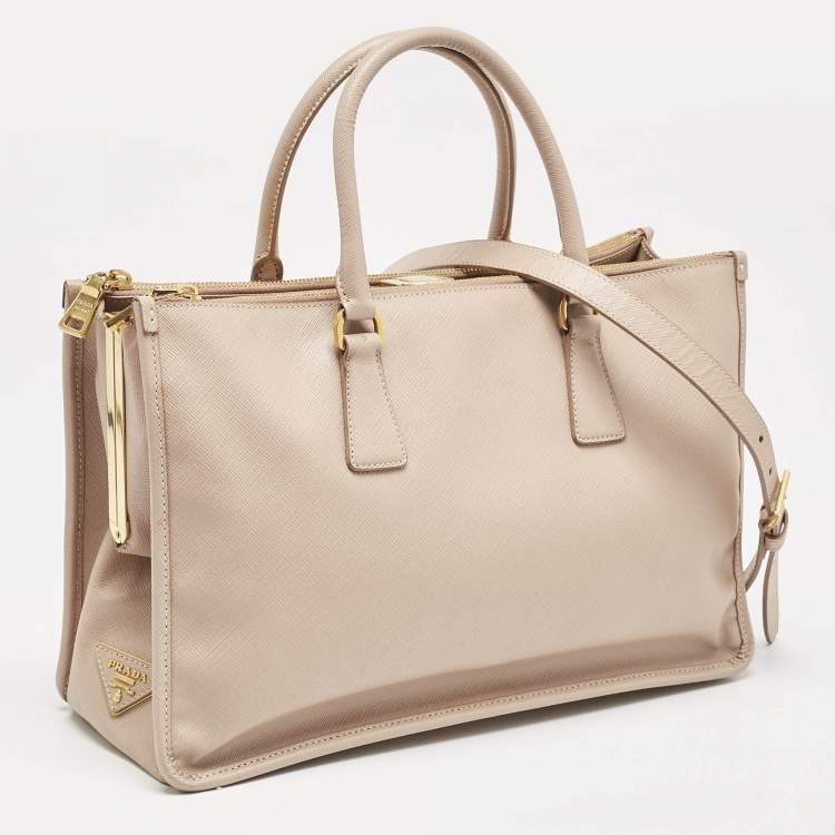 Pre Owned Prada Beige Saffiano Lux Leather Frame Tote