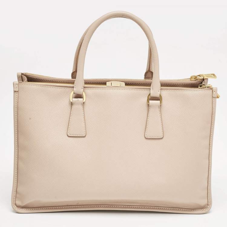 Pre Owned Prada Beige Saffiano Lux Leather Frame Tote