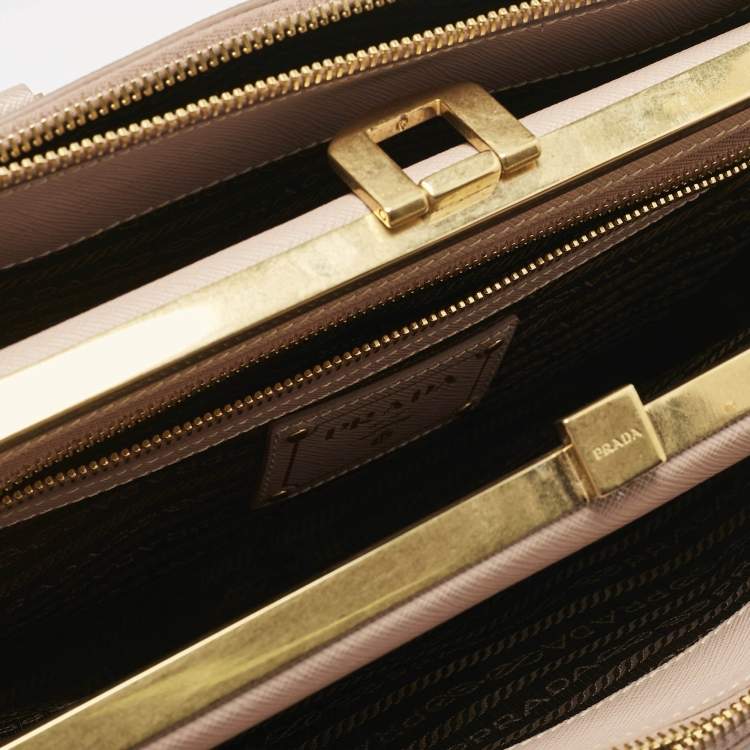 Pre Owned Prada Beige Saffiano Lux Leather Frame Tote