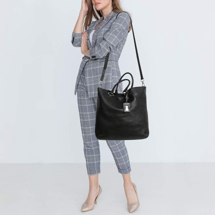 Pre Owned Prada Black Vitello Daino Leather Shopper Tote