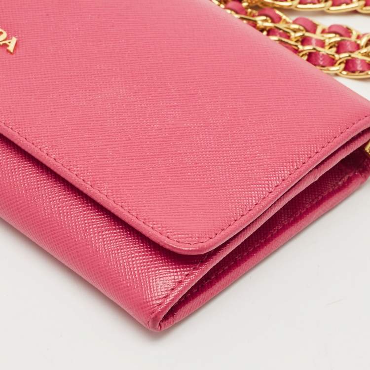 Pre Owned Prada Pink Saffiano Metal Leather Logo Flap Wallet On Chain