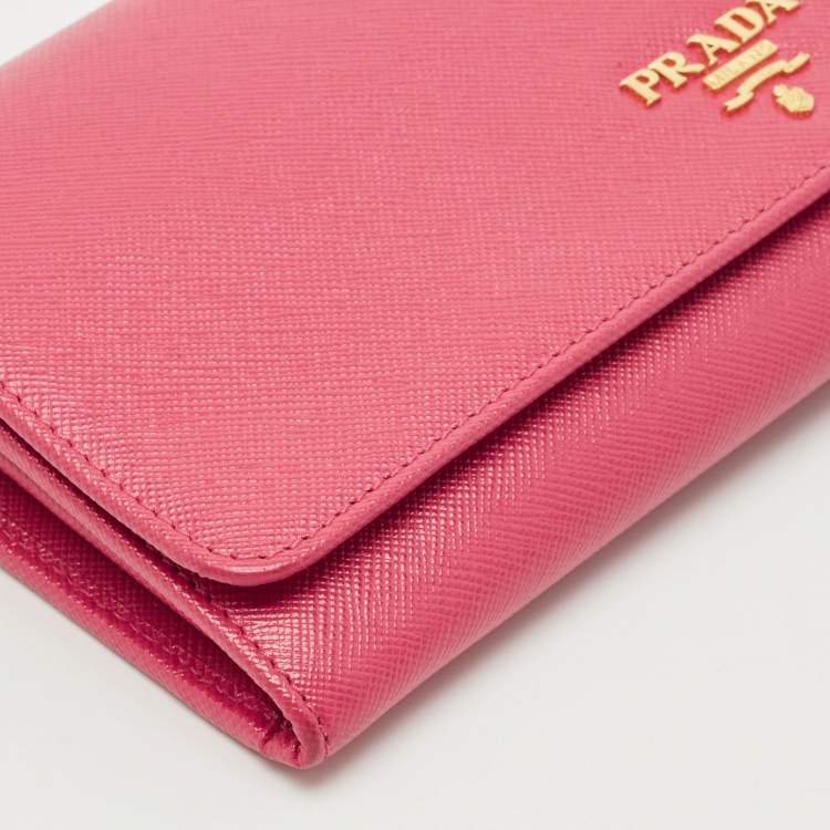 Pre Owned Prada Pink Saffiano Metal Leather Logo Flap Wallet On Chain