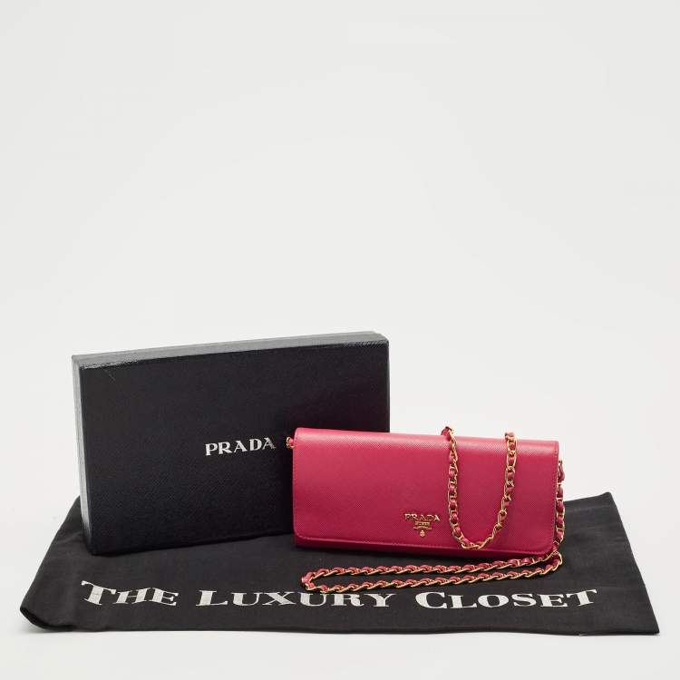 Pre Owned Prada Pink Saffiano Metal Leather Logo Flap Wallet On Chain