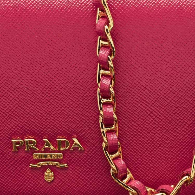 Pre Owned Prada Pink Saffiano Metal Leather Logo Flap Wallet On Chain