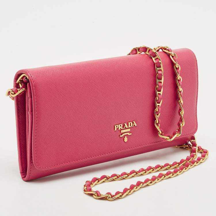 Pre Owned Prada Pink Saffiano Metal Leather Logo Flap Wallet On Chain