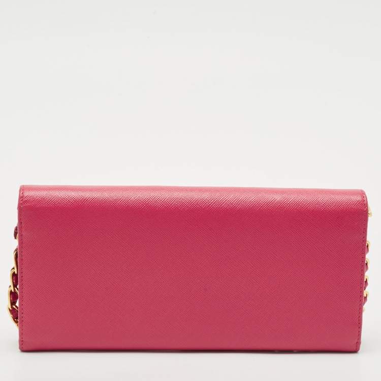 Pre Owned Prada Pink Saffiano Metal Leather Logo Flap Wallet On Chain
