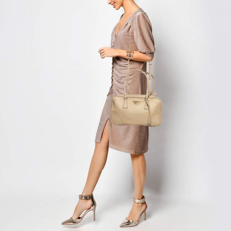 Pre Owned Prada Beige Saffiano Leather and Nylon Re-Edition 1978 Two Handle Bag 