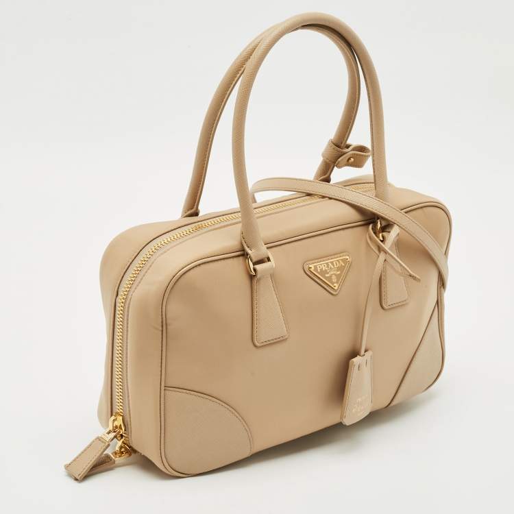 Pre Owned Prada Beige Saffiano Leather and Nylon Re-Edition 1978 Two Handle Bag 