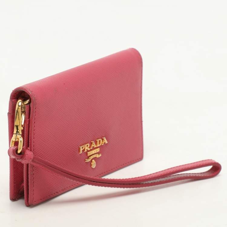 Pre Owned Prada Pink Saffiano Leather Wristlet Card Holder