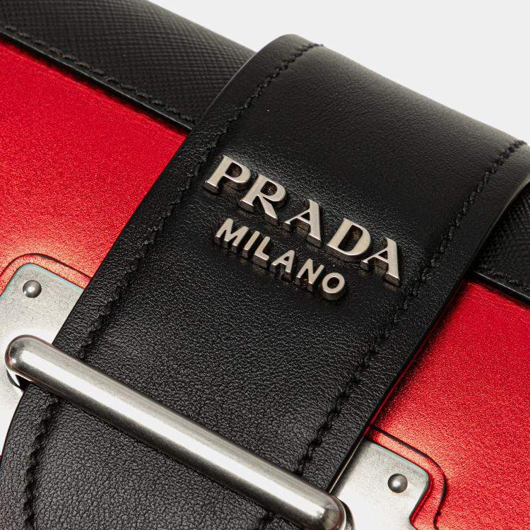 Pre Owned Prada Red Saffiano Trimmed City Calf Cahier Crossbody Bag