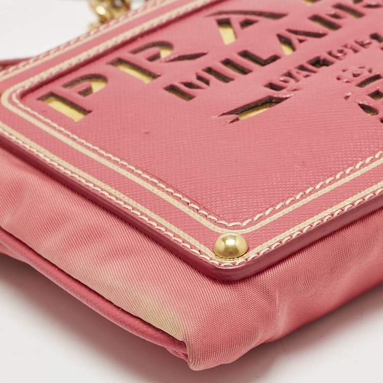 Pre Owned Prada Pink Nylon and Saffiano Leather Flat Zip Crossbody Bag