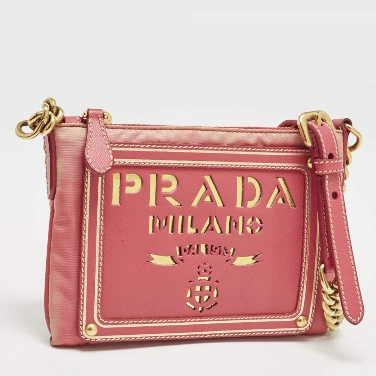 Pre Owned Prada Pink Nylon and Saffiano Leather Flat Zip Crossbody Bag