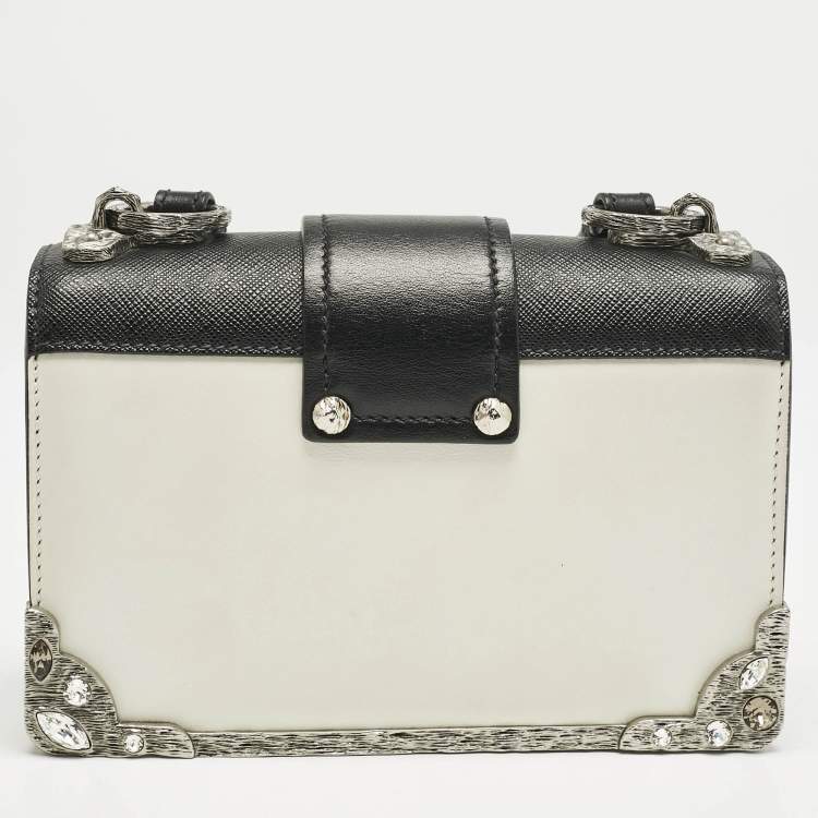 Pre Owned Prada White/Black Saffiano and Leather Crystal Embellished Cahier Crossbody Bag