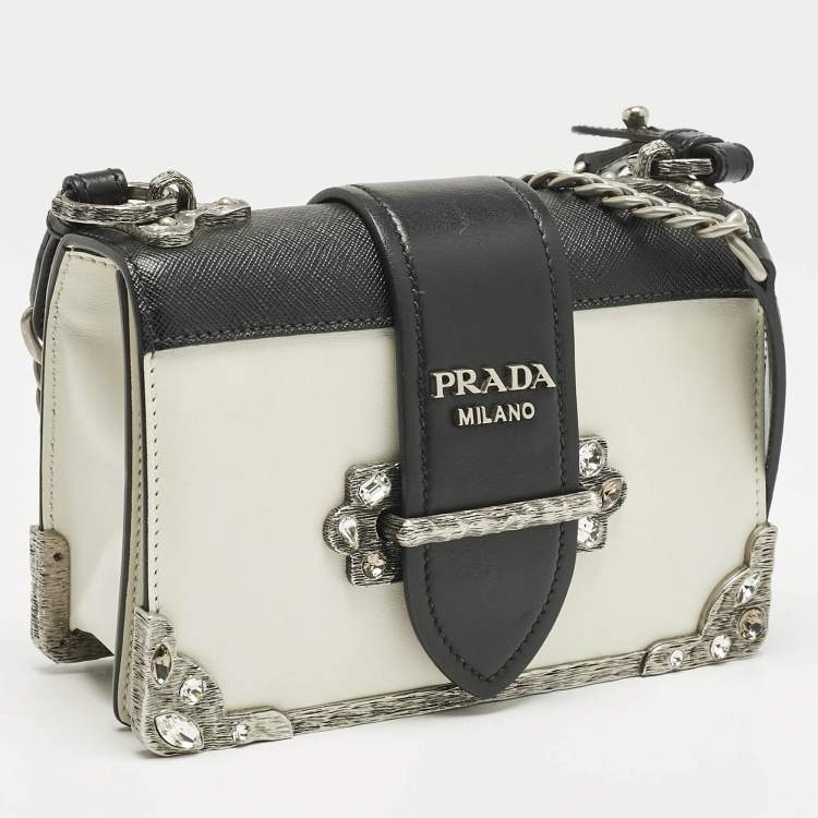 Pre Owned Prada White/Black Saffiano and Leather Crystal Embellished Cahier Crossbody Bag