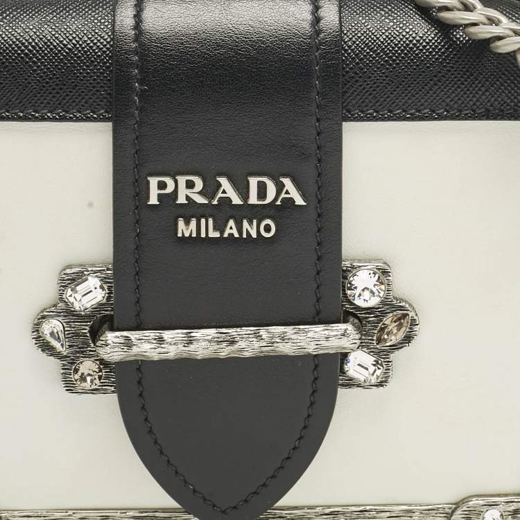 Pre Owned Prada White/Black Saffiano and Leather Crystal Embellished Cahier Crossbody Bag