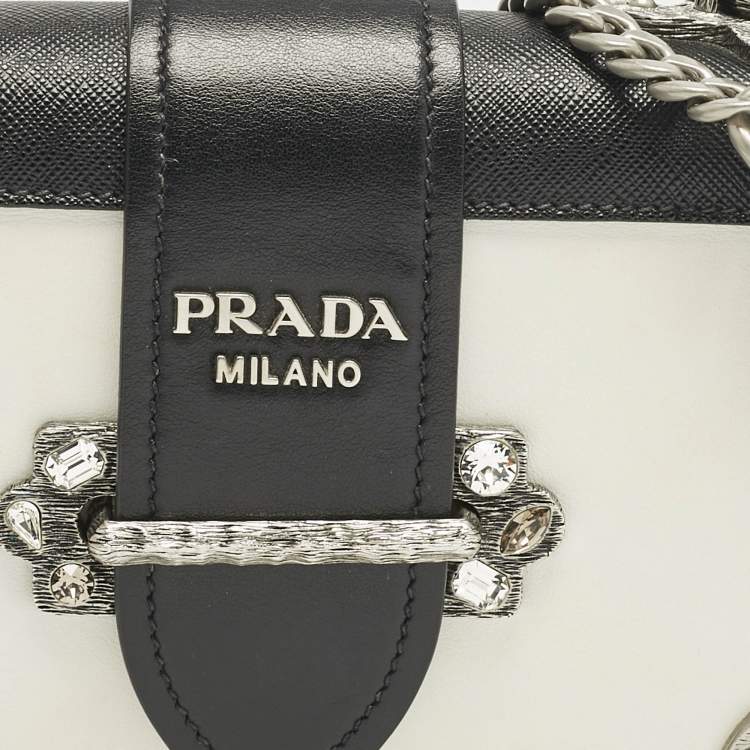 Pre Owned Prada White/Black Saffiano and Leather Crystal Embellished Cahier Crossbody Bag