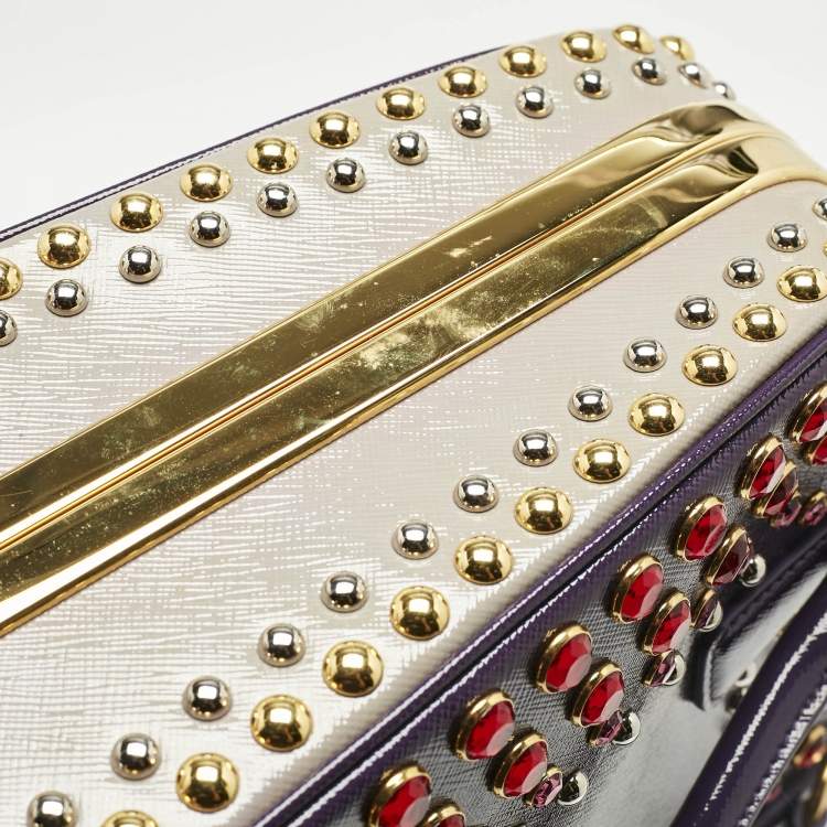 Pre Owned Prada Purple/Grey Saffiano Patent Leather Studded Pyramid Frame Satchel