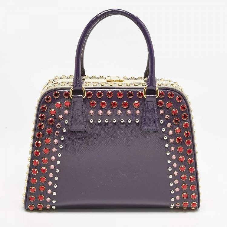 Pre Owned Prada Purple/Grey Saffiano Patent Leather Studded Pyramid Frame Satchel