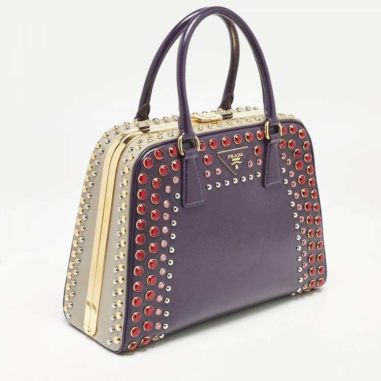 Pre Owned Prada Purple/Grey Saffiano Patent Leather Studded Pyramid Frame Satchel
